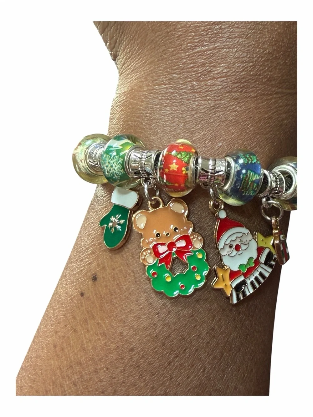 Holiday Charm Adjustable Twisted Silver Bangle with Green and Red Enamel Charms